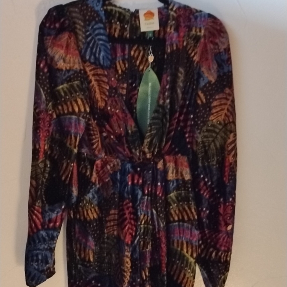 FARM Rio Multicolored Leaf-Print Long-Sleeve Jumpsuit, used 1 time